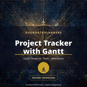 May include: A digital project tracker with Gantt chart features, displaying the text "DUENORTHPLANNERS", "Project Tracker with Gantt", "Gantt Timelines · Tasks · Milestones", "4 TABS", and "INSTANT DOWNLOAD" over a dark blue compass background.
