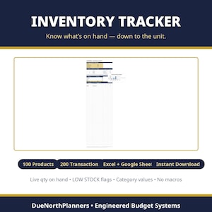Könnte beinhalten: Eine Inventar-Tracker-Tabellenvorlage mit einem Dashboard, Datentabellen und einem Balkendiagramm. Der Text lautet INVENTORY TRACKER, Know what's on hand, 100 Products, 200 Transaction, Excel + Google Sheets, Instant Download und DueNorthPlanners.