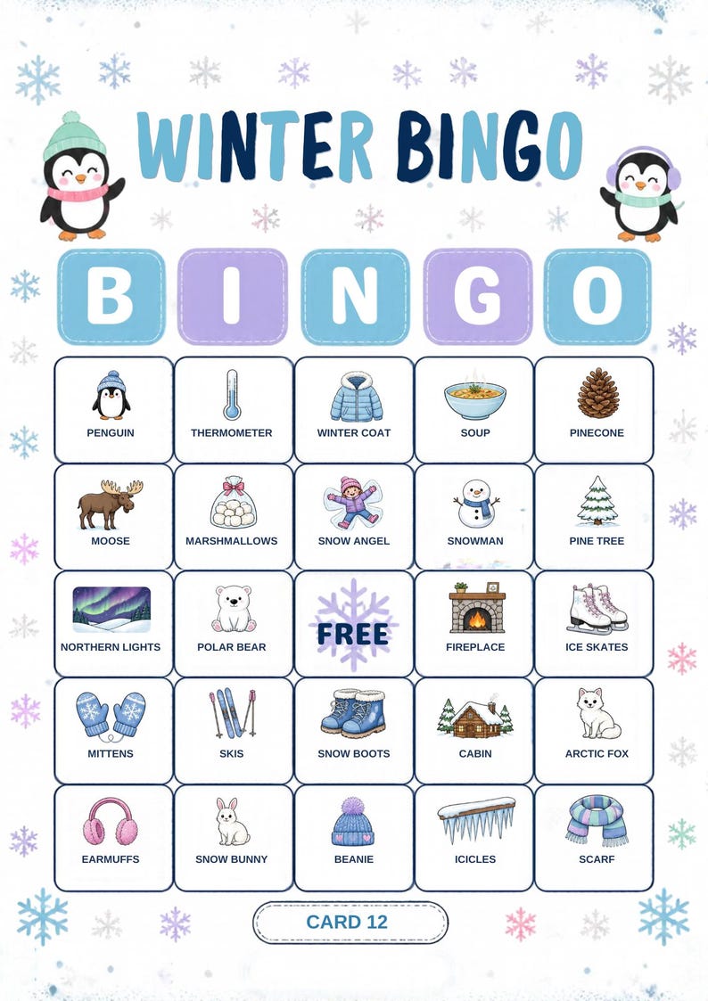 Vinterbildbingo för barn, 30 kort, klassrumslek (digital nedladdning) bild 16