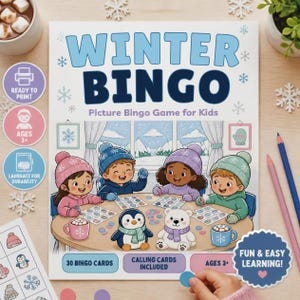 Vinterbildbingo för barn, 30 kort, klassrumslek (digital nedladdning) bild 1