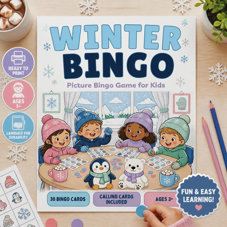 Vinterbildbingo för barn, 30 kort, klassrumslek (digital nedladdning) bild 1