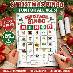 May include: A Christmas Bingo game card featuring a 5x5 grid with holiday icons like a reindeer, fireplace, and gingerbread man. The card includes the text 'CHRISTMAS BINGO', 'FREE' in the center, and 'CARD 1' at the bottom, decorated with snowflakes.