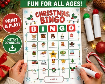 Julbingo för barn, 30 bildbingokort, julfestlek för klassrummet, familjelek för icke-läsare