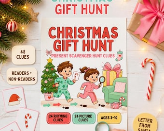 Julskattjakt för barn, ledtrådar till presentjakt, julklappslek, rimgåtor och bildledtrådar