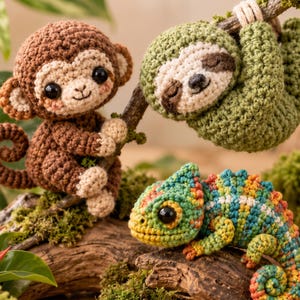 Può includere: Una scimmia all'uncinetto marrone con grandi occhi neri, un bradipo all'uncinetto verde appeso a un ramo e un camaleonte all'uncinetto multicolore con la coda arricciata. I tre peluche sono realizzati con dettagliate trame di filato.