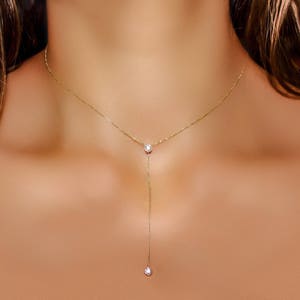 Genuine Natural Lariat Diamond Drop Necklace, Solitaire Diamond Necklace