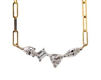 Mixed Diamond Necklace | Paperclip Chain | Emerald Cut, Heart Shaped, Pear Shaped & Marquis Diamond | 14k Gold
