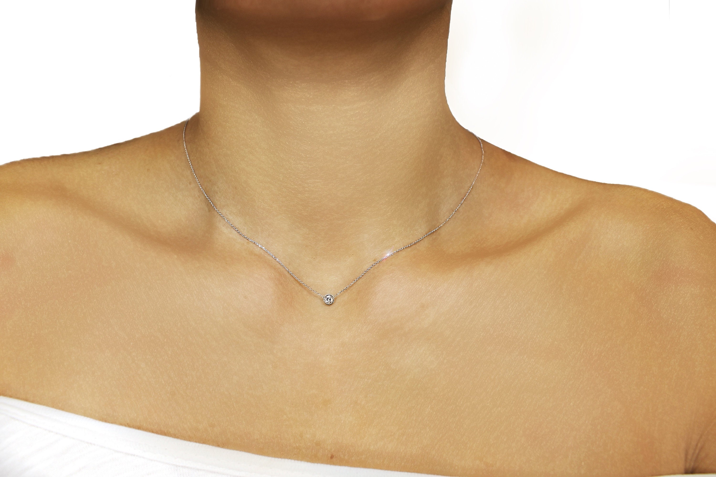 Diamond Necklace | Delicate Bezel Set Solitaire | .10 Ct, 14k, 18k Gold ...