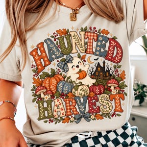Haunted Harvest PNG, Cute Ghost Halloween, Patchwork Pumpkin Sublimation PNG, Vintage Fall Design, Spooky Season PNG