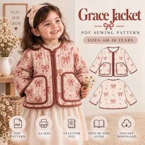 Patrón de costura de chaqueta para niños, patrón de chaqueta para niñas en PDF, chaqueta aislante para niños pequeños, abrigo de invierno acolchado con bolsillos de parche, ideal para principiantes.