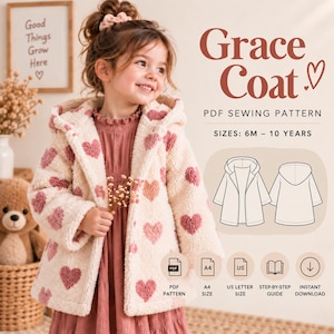 May include: A PDF sewing pattern for a Grace Coat, featuring sizes 6 months to 10 years. The design includes a hooded coat with a cream-colored sherpa texture and pink heart patterns, accompanied by technical line drawings and digital icons.