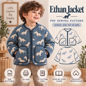 Peut inclure: Patron de couture PDF Ethan Jacket pour tailles 6M-10 ans. La veste est bleue avec un motif répétitif de chiens clairs, dotée d'une fermeture éclair frontale, de manches longues et de deux poches avant. Inclut un guide et téléchargement.