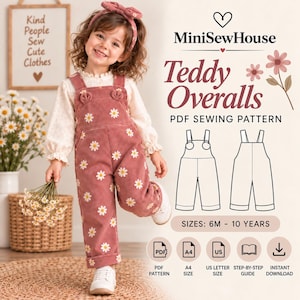 May include: A PDF sewing pattern for teddy overalls by MiniSewHouse, featuring a dusty rose corduroy fabric with a white daisy print. The pattern includes sizes from 6 months to 10 years, with A4 and US letter formats, a guide, and instant download.