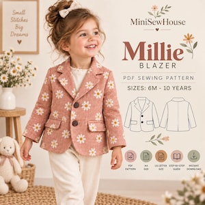 Peut inclure: Un blazer rose poudré avec un motif de marguerites blanches, des revers crantés, deux boutons marron foncé et deux poches à rabat. Le texte indique MiniSewHouse Millie BLAZER PDF SEWING PATTERN SIZES: 6M - 10 YEARS avec des icônes de téléchargement.