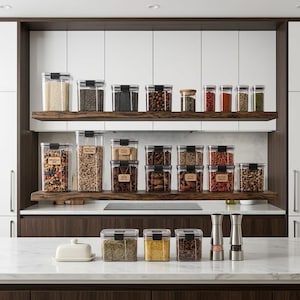 May include: A collection of clear, square and rectangular food storage containers with black lids, arranged on two wooden shelves and a marble countertop. Several containers feature rectangular labels with printed text.