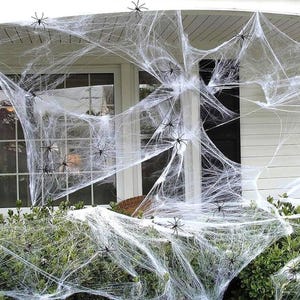 May include: A white synthetic spider web decoration stretched across a house exterior and green bushes, featuring multiple small black plastic spiders attached to the strands to create a spooky Halloween display for outdoor seasonal decor.