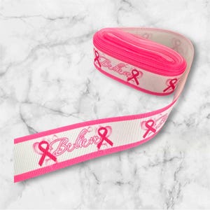 Nastro Grosgrain Believe Breast Cancer Awareness da 7/8" con portachiavi, collare per cani e gatti, fiocchi per capelli da 1 iarda