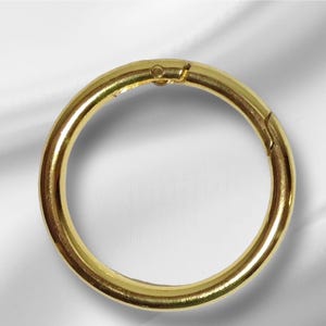 Puede incluir: Un anillo de metal dorado con un cierre de resorte. El anillo está diseñado para sujetarse a un llavero u otros artículos.