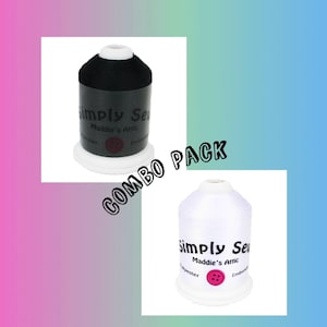 Puede incluir: Pack combinado de dos carretes de hilo Simply Sew, uno negro y uno blanco. Los carretes están etiquetados con "Simply Sew Maddie's Attic" y tienen un botón en la etiqueta.