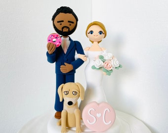 Cute couple with dog custom wedding cake topper , bride and groom cake topper , Mr and Mrs cake topper, cake toppers for wedding