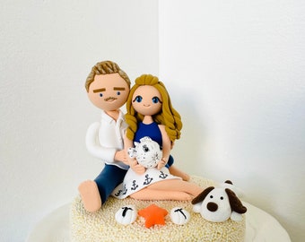 Beach theme custom wedding cake topper , bride and groom cake topper , with dogs , Mr and Mrs cake topper