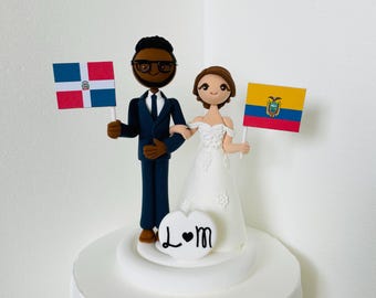 Brazilian groom and American bride  custom wedding cake topper