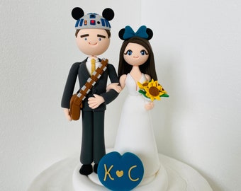 Movie theme ,bride and groom  handmade custom wedding cake topper , Mr and Mrs cake topper