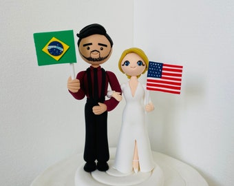 Brazilian groom and American bride  custom wedding cake topper