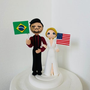 Brazilian groom and American bride  custom wedding cake topper