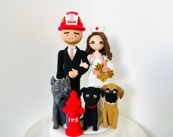 firefighter and nurse Custom wedding cake topper , bride and groom cake topper , Mr and Mrs cake topper,dogs