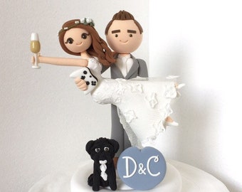 Honeymoon Jitters with dog - bride and groom handmade Custom wedding cake topper , mr and mrs , personalized, game,champagne