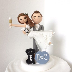 Honeymoon Jitters with dog - bride and groom handmade Custom wedding cake topper , mr and mrs , personalized, game,champagne