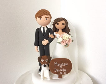 Cute couple custom wedding cake topper , bride and groom cake topper , handmade , Mr and Mrs cake topper,dogs