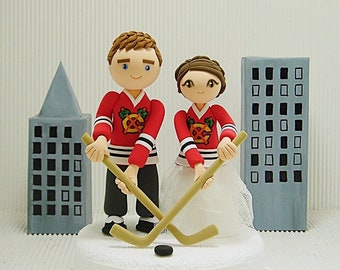 Hockey theme bride and groom handmade custom wedding cake topper , Mr and Mrs cake topper , personalized