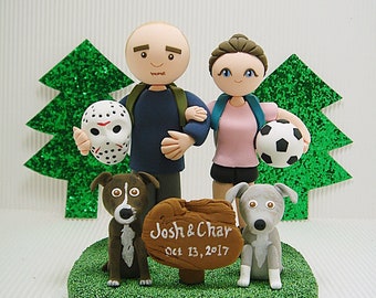 Avid hikers theme, dogs , bride and groom with dogs, hockey mask , soccer ball , favorite sports , handmade Custom wedding cake topper