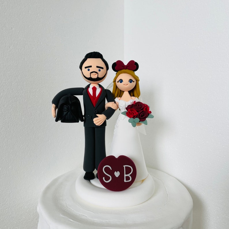 Movie theme custom wedding cake topper , bride and groom cake topper , Mr and Mrs cake topper image 2