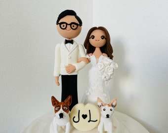 lovely couple, dogs and cats Custom wedding cake topper , handmade, bride and groom