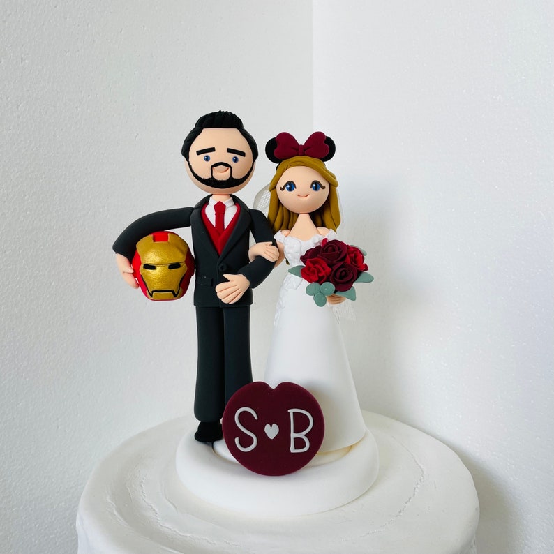 Movie theme custom wedding cake topper , bride and groom cake topper , Mr and Mrs cake topper image 1