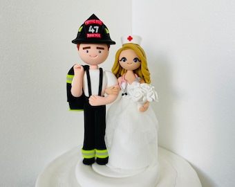 Firefighter and Nurse couple, bride and groom handmade Custom Wedding cake topper , Mr and Mrs cake topper