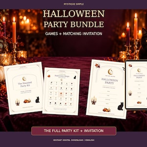 Peut inclure: Un ensemble de fête d'Halloween comprenant des feuilles de jeux et des invitations imprimées sur fond crème avec du texte sombre et des illustrations de citrouilles, bougies et un chat noir. Le texte indique "Halloween Party Bundle" et "Halloween Bingo".