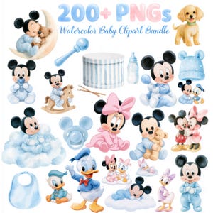 May include: A digital collection of 200+ watercolour baby clipart images featuring Mickey Mouse, Minnie Mouse, and Donald Duck in various poses. Includes baby accessories like a rattle, bottle, bib, drum, and pacifier, all rendered in soft blue and pink tones.