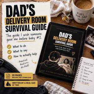 Könnte beinhalten: Ein digitales Tablet zeigt das Cover des Dad's Delivery Room Survival Guide mit einer Illustration einer Person mit Kappe. Daneben liegt ein Blatt Papier mit dem Titel Dad's Delivery Room Survival Guide und einer Krankenhaus-Checkliste.