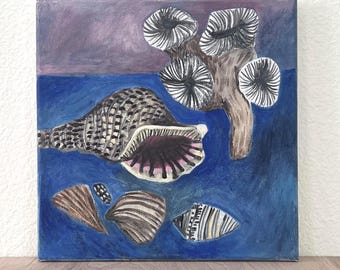 Original Folk Still Life Painting – 10x10 Seashell and Coral Art