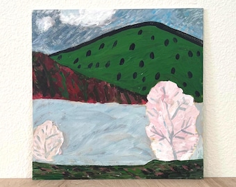 Original Folk Landscape Painting – 12x12 Pink Trees and Lake Art
