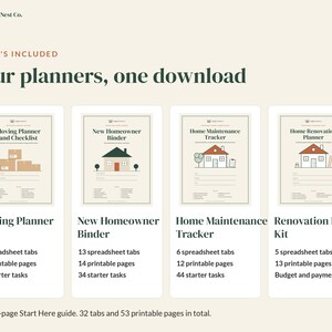 Pode incluir: Um conjunto de download digital da Ledger & Nest Co. com quatro planejadores: Moving Planner and Checklist, New Homeowner Binder, Home Maintenance Tracker e Renovation Planner Kit. Cada um inclui abas de planilha, p&aacute;ginas imprim&iacute;veis, tarefas e um guia de in&iacute;cio de 2 p&aacute;ginas.