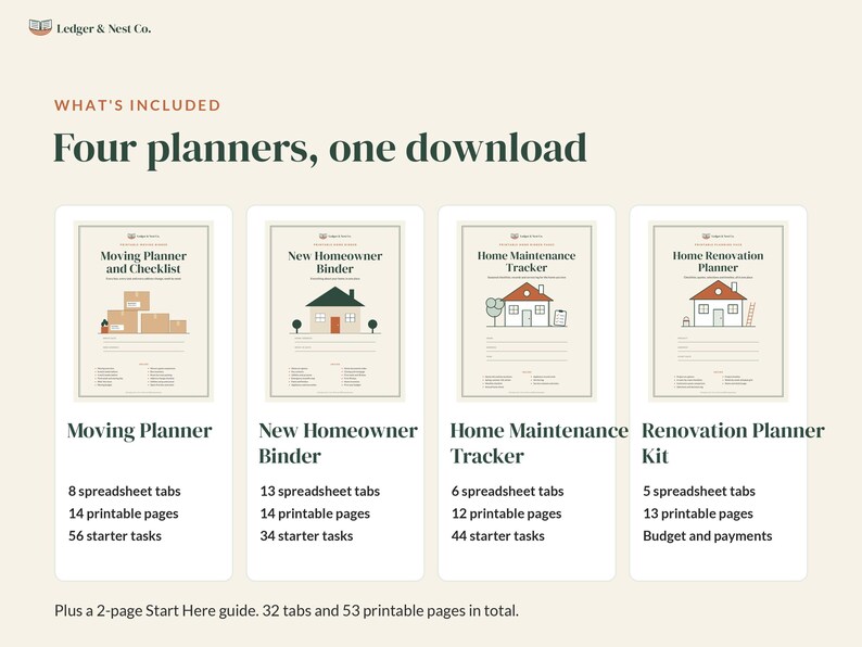 Pode incluir: Um conjunto de download digital da Ledger & Nest Co. com quatro planejadores: Moving Planner and Checklist, New Homeowner Binder, Home Maintenance Tracker e Renovation Planner Kit. Cada um inclui abas de planilha, p&aacute;ginas imprim&iacute;veis, tarefas e um guia de in&iacute;cio de 2 p&aacute;ginas.