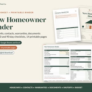 Pode incluir: Um organizador digital para novos propriet&aacute;rios da Ledger & Nest Co. inclui planilhas e p&aacute;ginas imprim&iacute;veis para informa&ccedil;&otilde;es da casa, contatos, garantias, documentos e listas de verifica&ccedil;&atilde;o, compat&iacute;vel com Google Sheets e Microsoft Excel.
