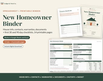 Pasta para Novos Proprietários, Lista de Verificação para Casa Nova, Planilha do Google Sheets e Excel, Pasta Imprimível para Casa, Inventário da Casa, Presente para Primeira Casa