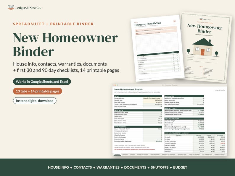 New Homeowner Binder, New Home Checklist, Google Sheets Excel Spreadsheet, Printable Home Binder, Home Inventory, First Home Gift image 1