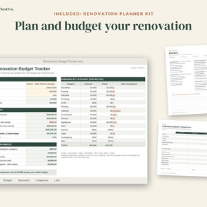 May include: A digital renovation planner kit featuring a Home Renovation Budget Tracker spreadsheet with sections for project setup, budget snapshot, and contingency payments, alongside two printable checklists for kitchen planning and contractor quotes.